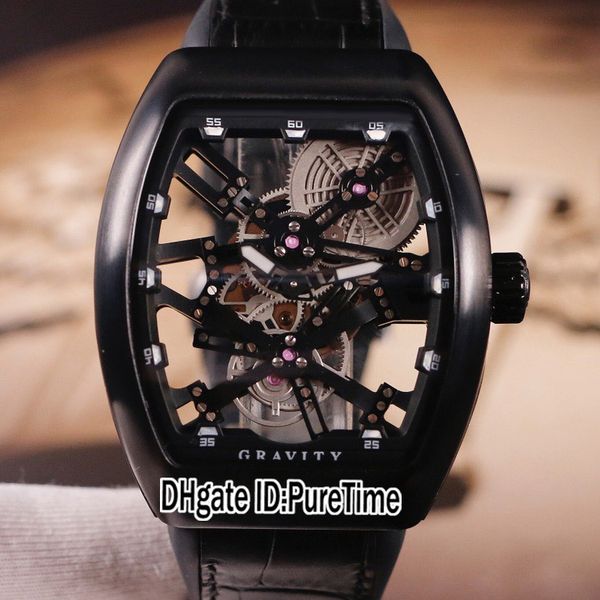 

new saratoge men's collection vanguard pvd steel all black skeleton v45 tourbillon automatic mens watch rubber leather watches puretime, Slivery;brown