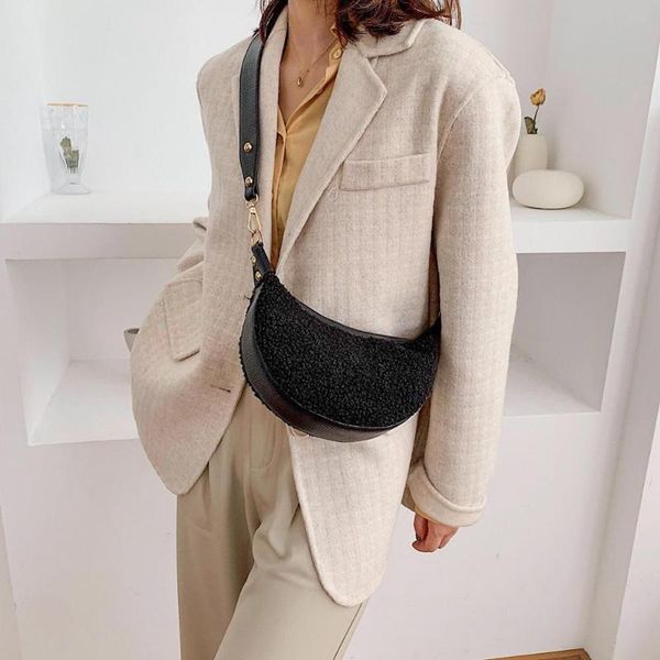 

2020 autumn winter new fashion women crescent shoulder crossbody bag female pu leather plush splicing purse messenger #35