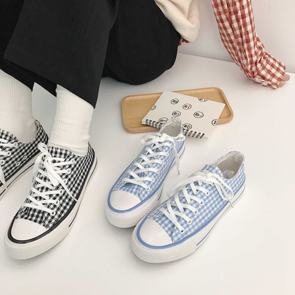 

school girl blue plaid canvas sneakers flats shoes, Black