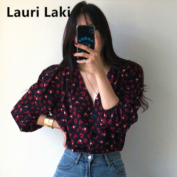 

heart print women blouse vintage elegant long sleeve shirts mujer retro black women v-neck blusa feminina, White