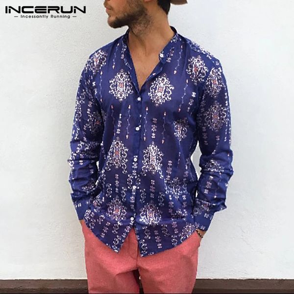 

incerun autumn casual men ethnic print long sleeve shirt vacation beach hawaiian fashion joker button mens blouse camisas hombre, White;black