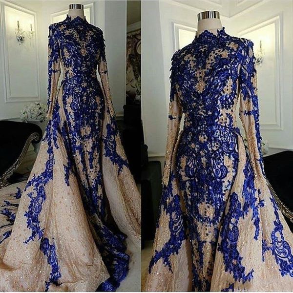 

русалка пром платья съемный поезд синие кружевные аппликации высокий шея длинные рукава вечерние платья vestidos de fiesta дубай женские пла, Black