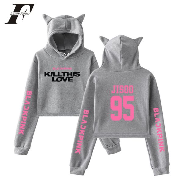 

k- blackpink return main song kill this love crop hoodies 2019 kawaii cat ear women cropped hoodies short sweatshirt, Black