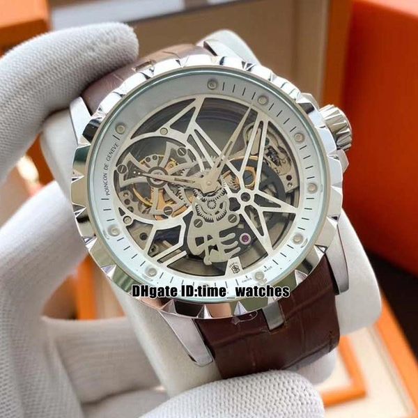 

new style excalibur tourbillon automatic mens watch rddbex0393 skeleton dial high qualit 45mm gents watches silver case brown leather strap, Slivery;brown