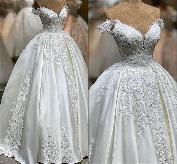 

3d applique off shoulder wedding dresses ball gown draped lace-up open back plus size bridal gowns wedding dress formal party dress, White