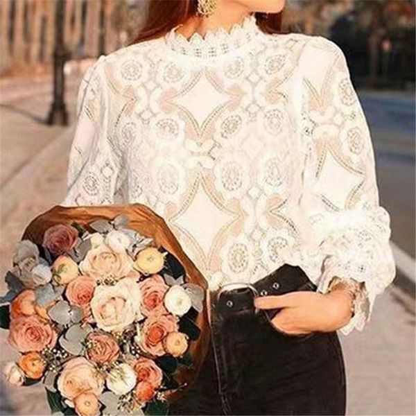 

februaryfrost women lace blouse elegant formal embroidery long sleeve white shirts office lady flower hollow fashion female chemise clothing