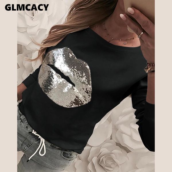 

women sequins lips print sweatshirt autumn casual long sleeve ladies o-neck kawaii sweatshirt, Black