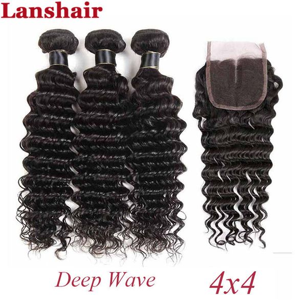 

brazilian virgin hair extensions deep wave human hair wefts 3 weave bundles with 4*4 closure raw indian peruvian remy hair products, Black;brown