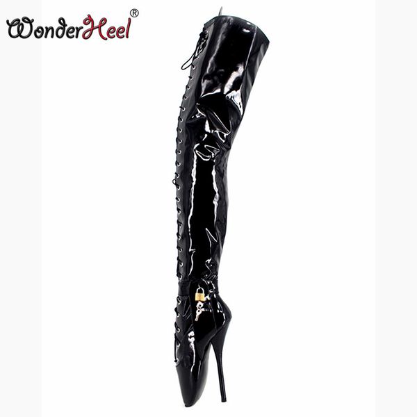 

wonderheel new extreme high heel 18cm heels thigh high ballet boot heels stilleto heel with padlock lockable boots, Black
