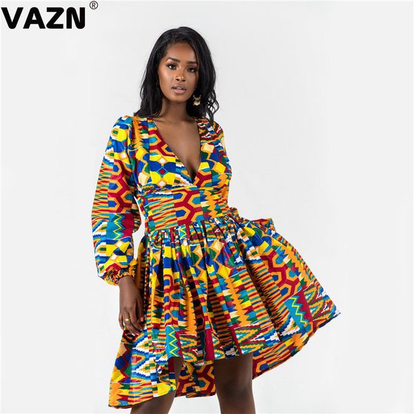 

vazn 2020 new brand retro georgette dress untidy fashion deep v-neck full sleeve women high waist ball gown mini dress, Black;pink