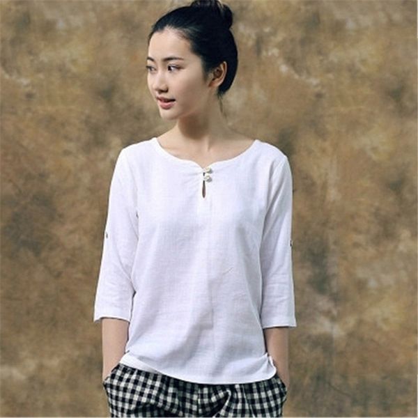 

japanese style new elegant women shirts blouses ladies linen three quarter sleeve white shirt for women blusas zy254