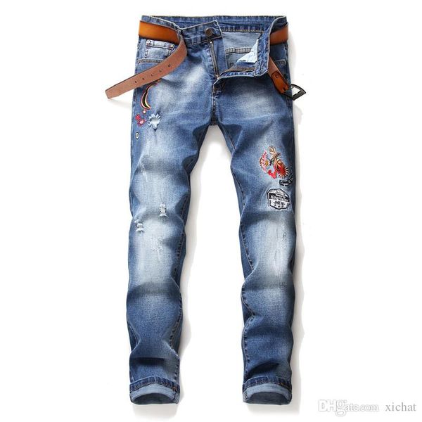 

mens ripped embroidery blue jeans 2019 slim fit washed fashion designer casual denim pants trousers big size 1773