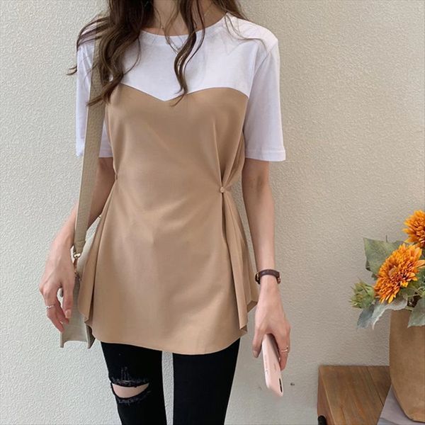 

2020 temperament stitching fake two-piece short-sleeved female loose waist student 2020 temperament stitching fake two-piece short-sleev, White