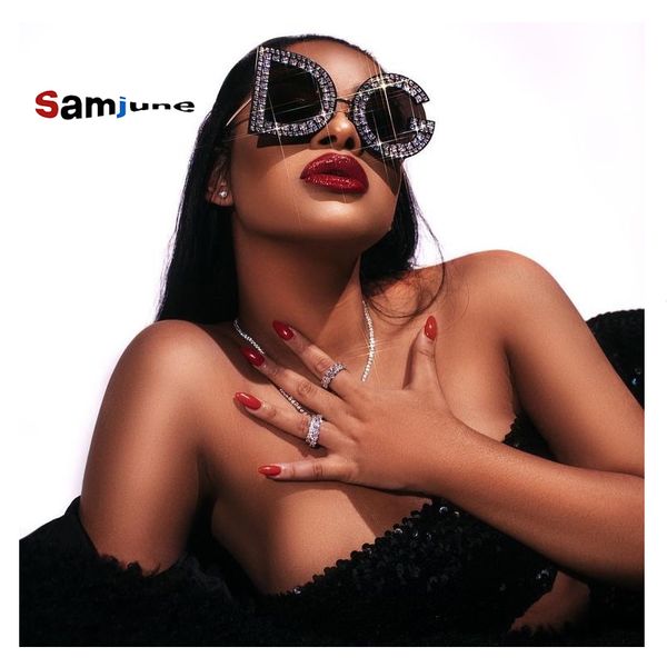 

samjune men's fashion oversized new diamond sunglasses letter rhinestone shades glasses pink yellow lens 5 colors, White;black