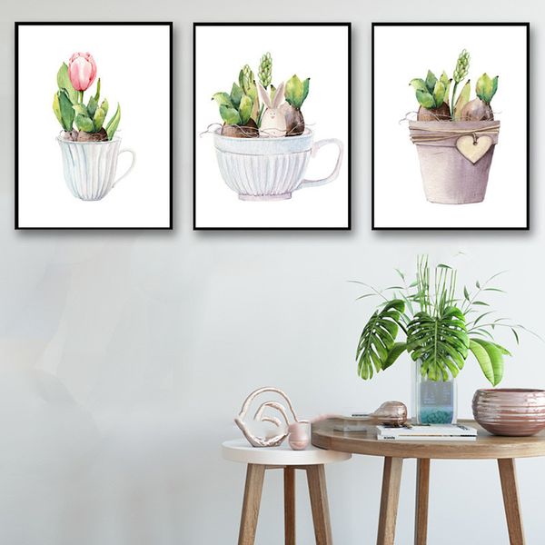 

cartoon potted plant eggshell tulip flower bunny canvas painting wall art picture poster and print home decoration for living ro