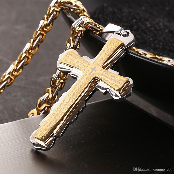 

stainless steel cross necklaces bible verse christian jesus crucifix pendant biker chain for women&men titanium steel jewelry, Silver