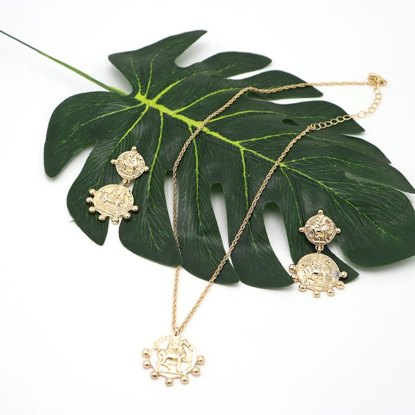 

vintage ancient gold plated jewelry set for women coin pendant earring necklace women fashion jewelry set aretes de mujer, Golden;silver