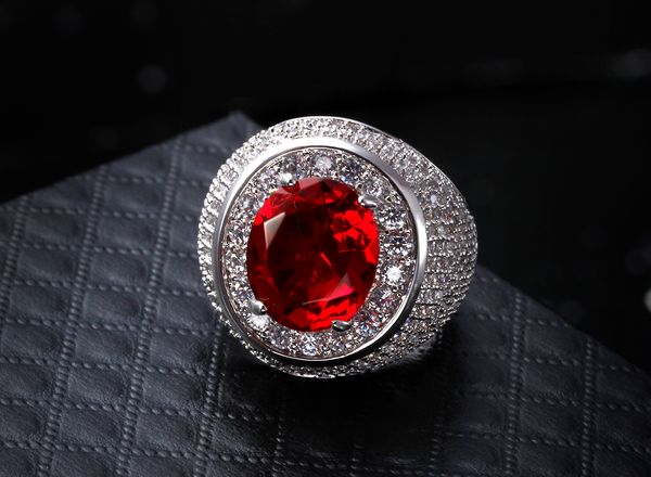Bellissimo anello alla moda con grande champagne/trasparente e cristallo di zirconi rosso Siam colorato CZ gioielli anello dito intero femminile di lusso