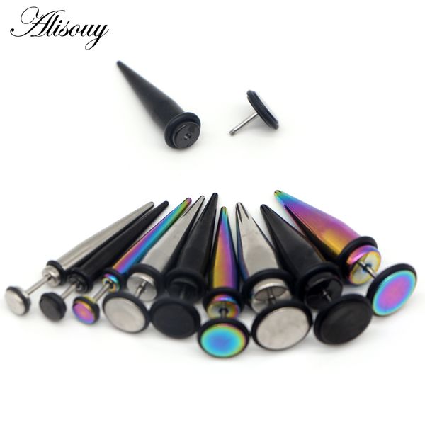 

alisouy 2pcs stainless steel fake ear plugs taper gauges expander stretcher stretching ear piercing stud fashion body jewelry, Slivery;golden