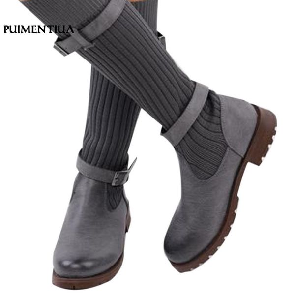 

puimentiua drop shipping 2019 new women boots fashion knee elastic sock boots chunky stretch women booties sale, Black