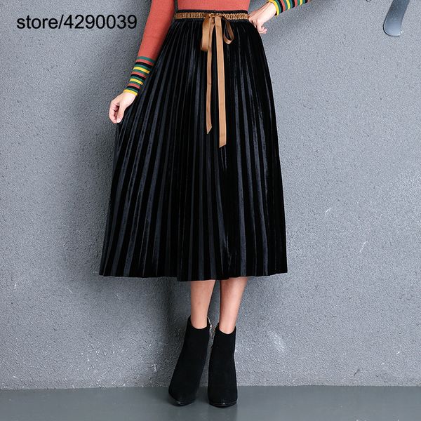 

gold velvet skirt female autumn 2019 new high waist metal color pleated skirt was thin drape large swing with belt long skirts, Black