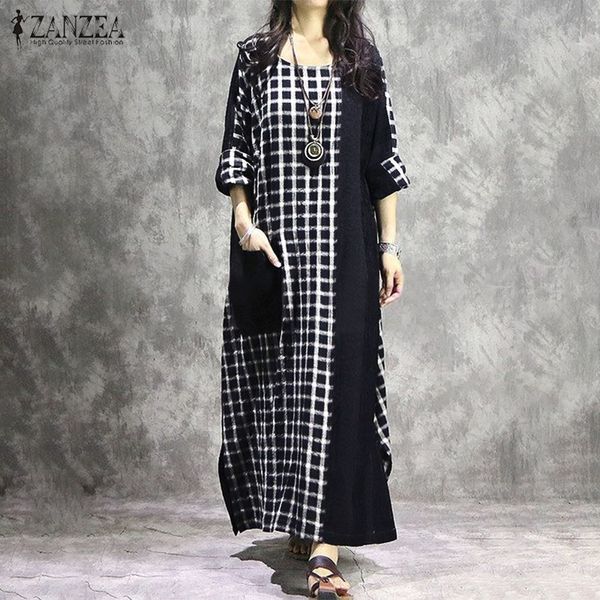 

fashion check dress women's stitching sundress zanzea 2020 spring long sleeve tunic vesitos female o neck plaid robe plus size, Black;gray