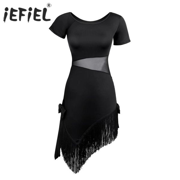 

womens femme splice waist fringe tassel asymmetric dress latin costumes stage dancewear swallowtail rumba dress with headwear, Black;red