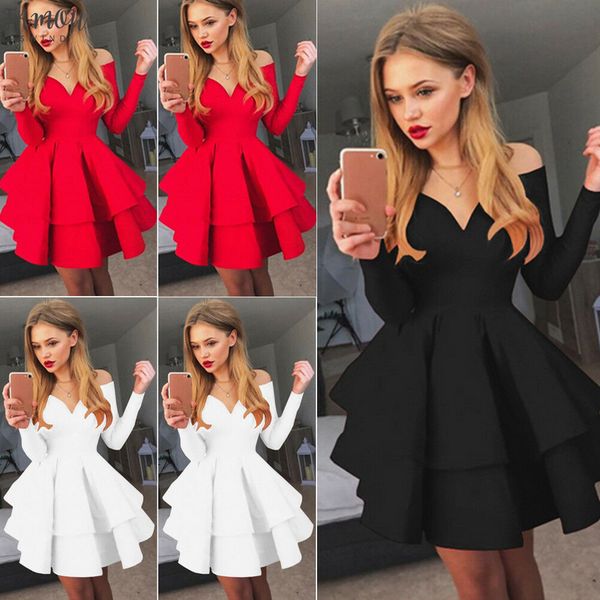 

solid v-neck long sleeve summer slim one word collar women's bandage bodycon evening party club short mini dress, Black;gray