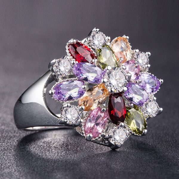 

muti-color flower cz ring for women in rhodium plated retro cubic zirconia silver jewelry gifts for women, Golden;silver