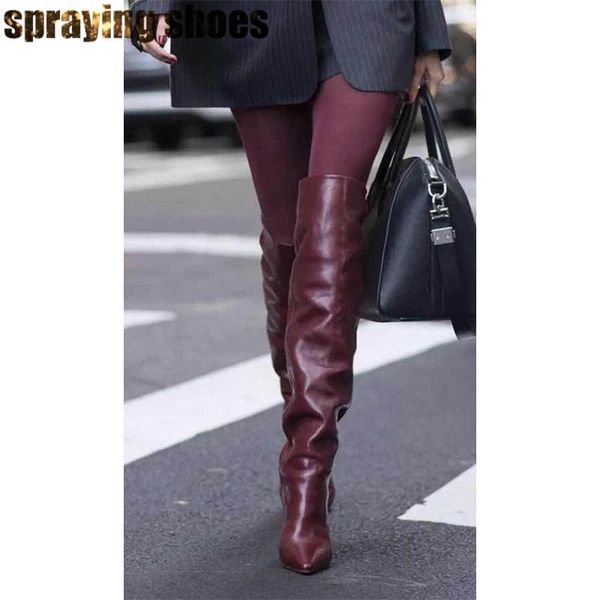 

chic burgundy leather over the knee boots women winter pointy toe stilettos long boots ladies high heeled woman 2019, Black