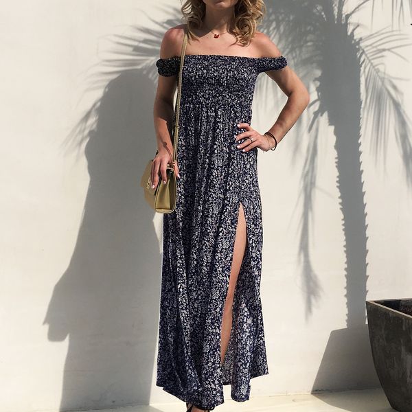 

womens designer dress wrapped chest shoulder floral split large dress, Black;gray