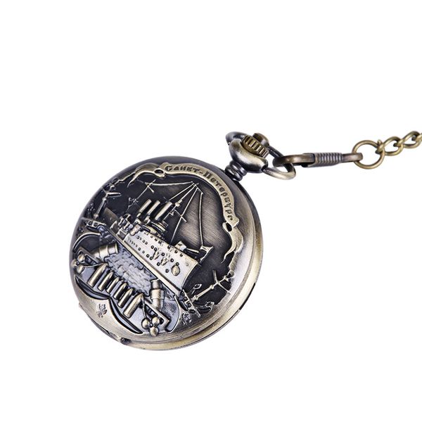 

large bronze embossed cruise ship pocket watch european and american style pirate ship retro thick chain pocket watch, Slivery;golden