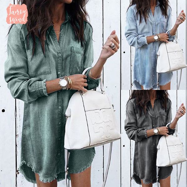 

платье джинсовой ткани моды с длинным рукавом блудниц рубашки летние случайные платье дамы turn down воротник рубашки короткие платья, Black;gray