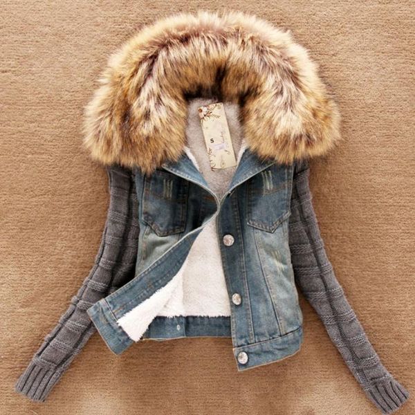 

winter jacket fur collar thick stitching denim jacket xl 5xl cotton lamb, Tan;black