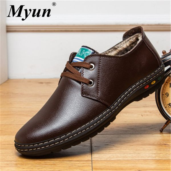 

new winter plush leather shoes men's flats oxfords shoes fashion design men causal lace-up leather for men sneaker, Black