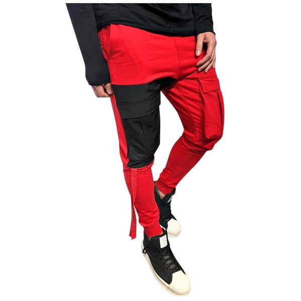 

mens pants patchwork straight long slim fit pants causal full length trousers track men pockets novelty winter men, Black