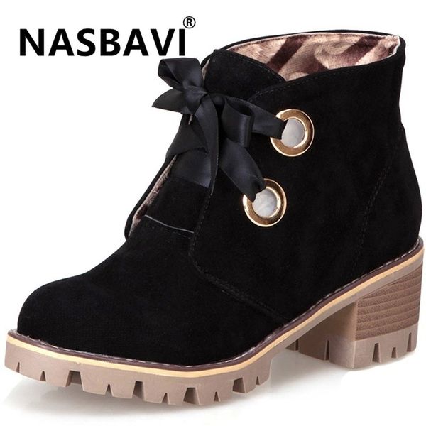 

fashion new scrub leather boots woman shoes winter warm lace-up ankle boots women high heel platform, Black