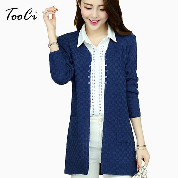 

autumn long cardigan with pockets female long sleeve knitted cardigans feminino plus size dark blue cardigan sueter mujer, White