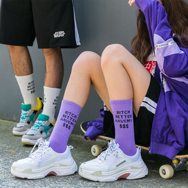 

1 pair of personality cotton round neck socks male letter cool hip hop harajuku skateboard spring and autumn long couple socks, Black