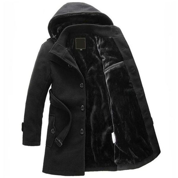 

2019 men's windbreaker parkas trench long jacket men winter thicken warm hooded wool coat, Black