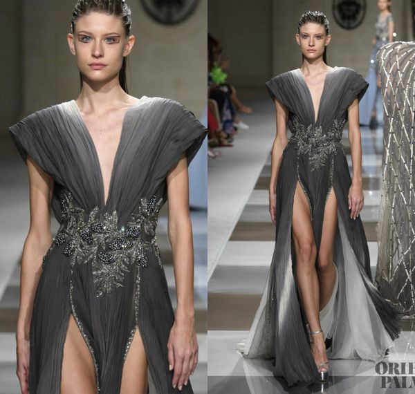 

2019 зияд nakad high split пром платья v шеи шнурка appliqued шариков перлы вечерние платья сшитое линия развертки поезд формальное платье, Black