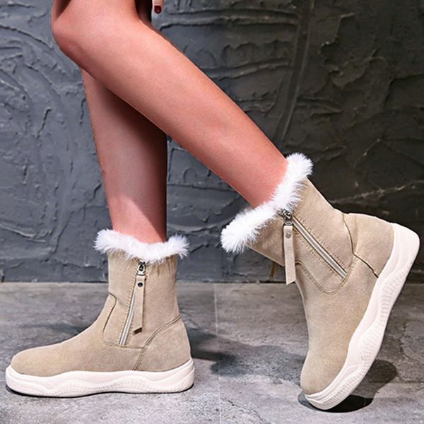 

plush insole snow boots women's lady fashion flat with winter casual zipper short-plush keep warm ankle mid boots botas mujer, Black
