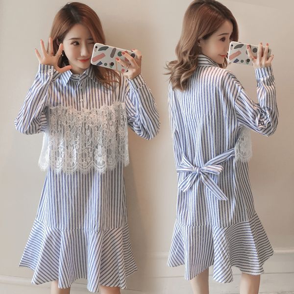 

отложной воротник с длинным рукавом платье для беременных кружева лоскутное хлопок полосатый труба плюс размер беременных женщин русалка пла, White