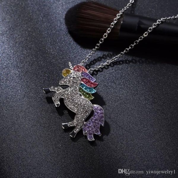 

fashion 925 silver shiny rhinestone unicorn pendant color pony diamond necklace ladies children lucky jewelry children's gifts