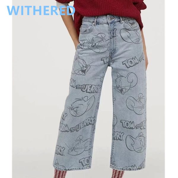 

withered england high street vintage cute cartoon mouse cat loose jeans woman high waist jeans ankle length harem women, Blue