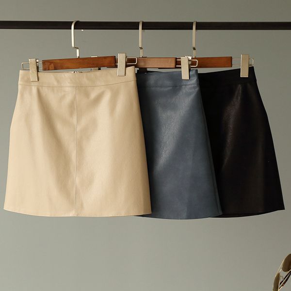 

fashion short mini wrap skirt girls cute vintage pu leather skirt korean high waist summer beige office pencil skirts women, Black