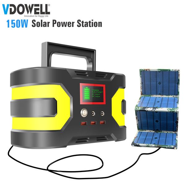 

150 Вт 220/110 В солнечный резервный источник питания с литиевой батареей с выходом постоянного тока / переменного тока / USB для дома, на улице, для кемпинга, поездки, рыбалка + солнечная панель 60 Вт
