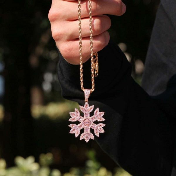 

iced out snowflake pendant necklaces for men women luxury designer pink bling diamond flower pendants copper zircon rose gold chain jewelry, Silver
