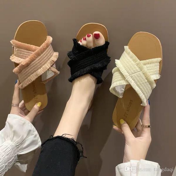 

hair slippers outside women wearing summer 2019 new korean fashion hundred nets red ins lazy people flat bottom beach drag, Black