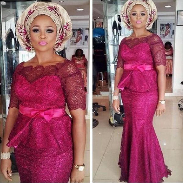 

african saudi arabic fuchsia lace evening dresses plus size bateau neck formal evening gowns with sash evening gowns, Black;red